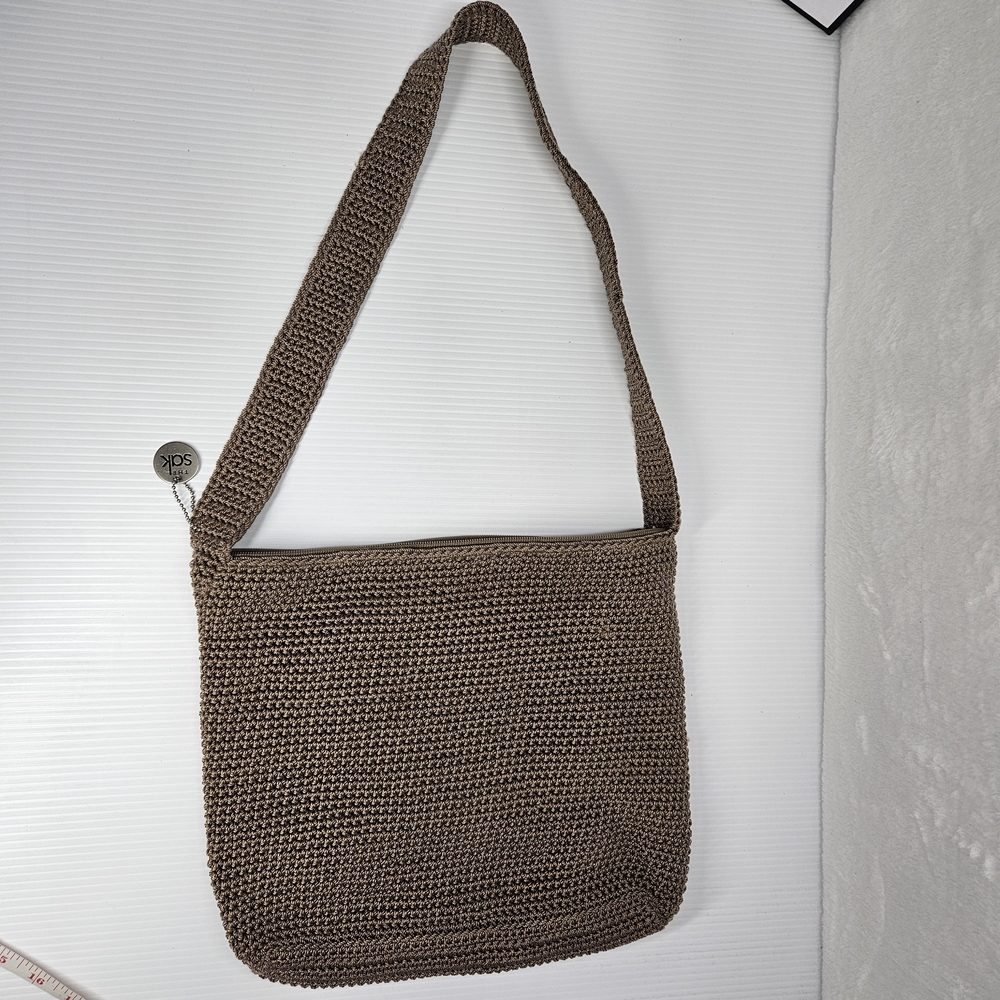 The Sak Brown Crochet Shoulder Bag Boho Knit Hobo Purse Zip Top